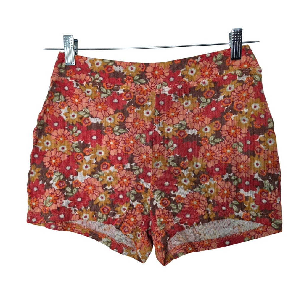 Colsie Shorts Womens S Orange Floral Ribbed Knit High Waist Retro Lounge Shorts